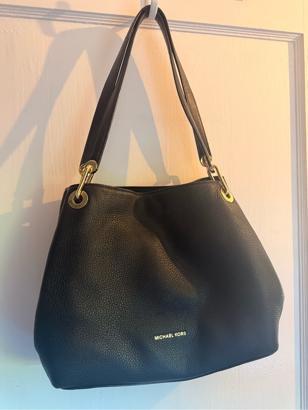 Michael Kors Black Pebbled Leather Raven Shoulder Tote with Gold Hardware
